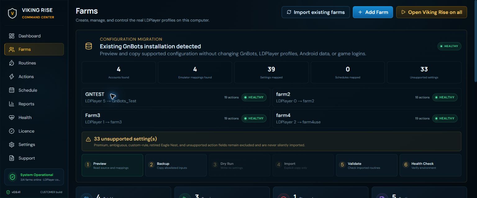 Actual customer migration preview showing GnBots profiles, settings mappings and unsupported options