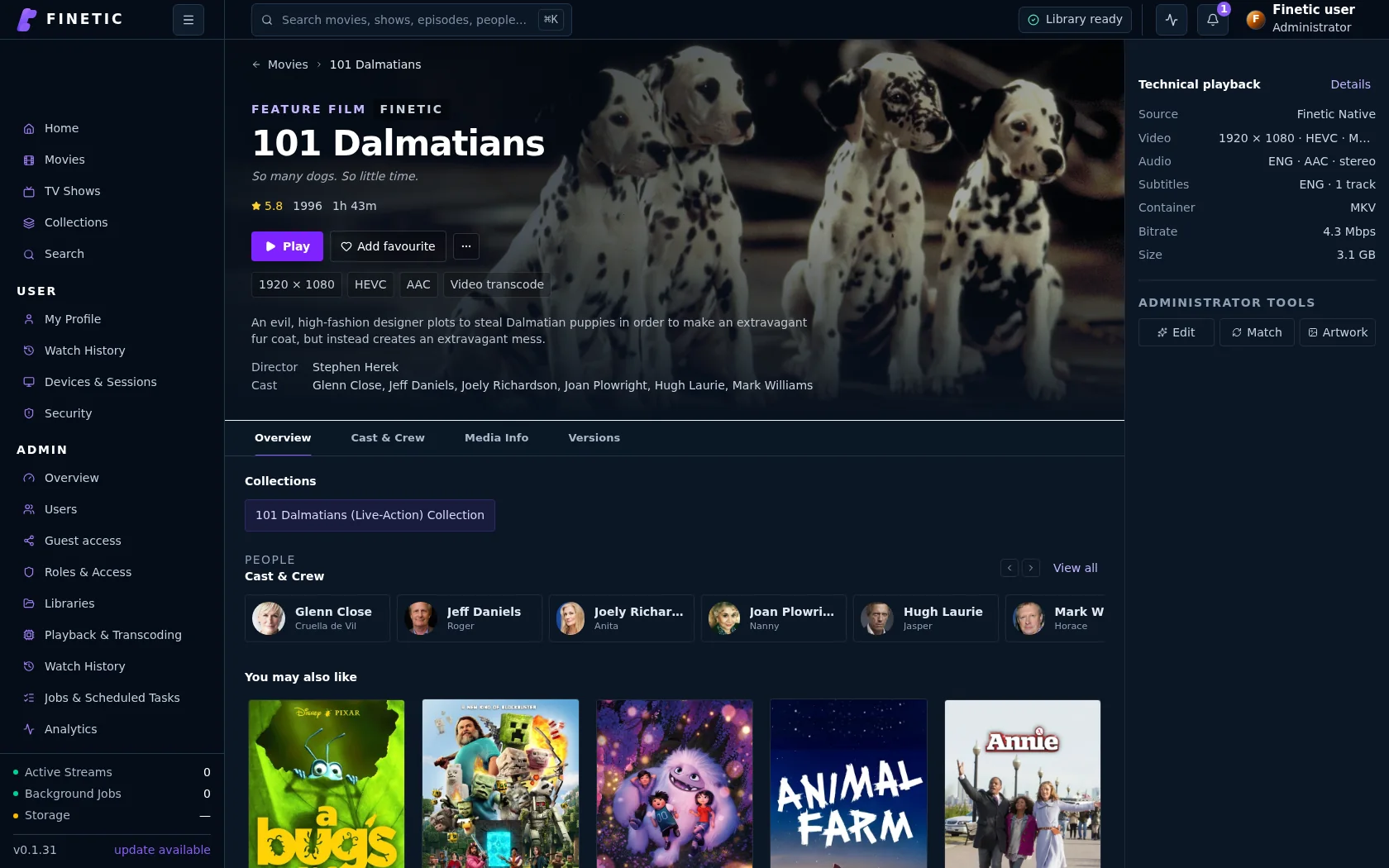 Finetic title details showing playback and metadata
