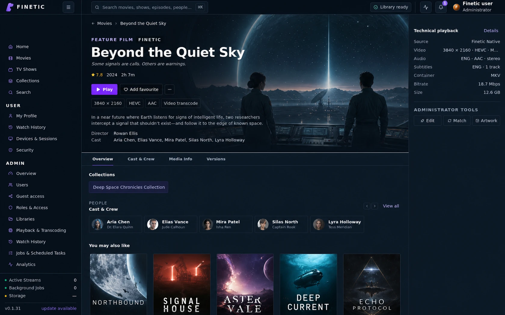 Finetic title details showing playback and metadata