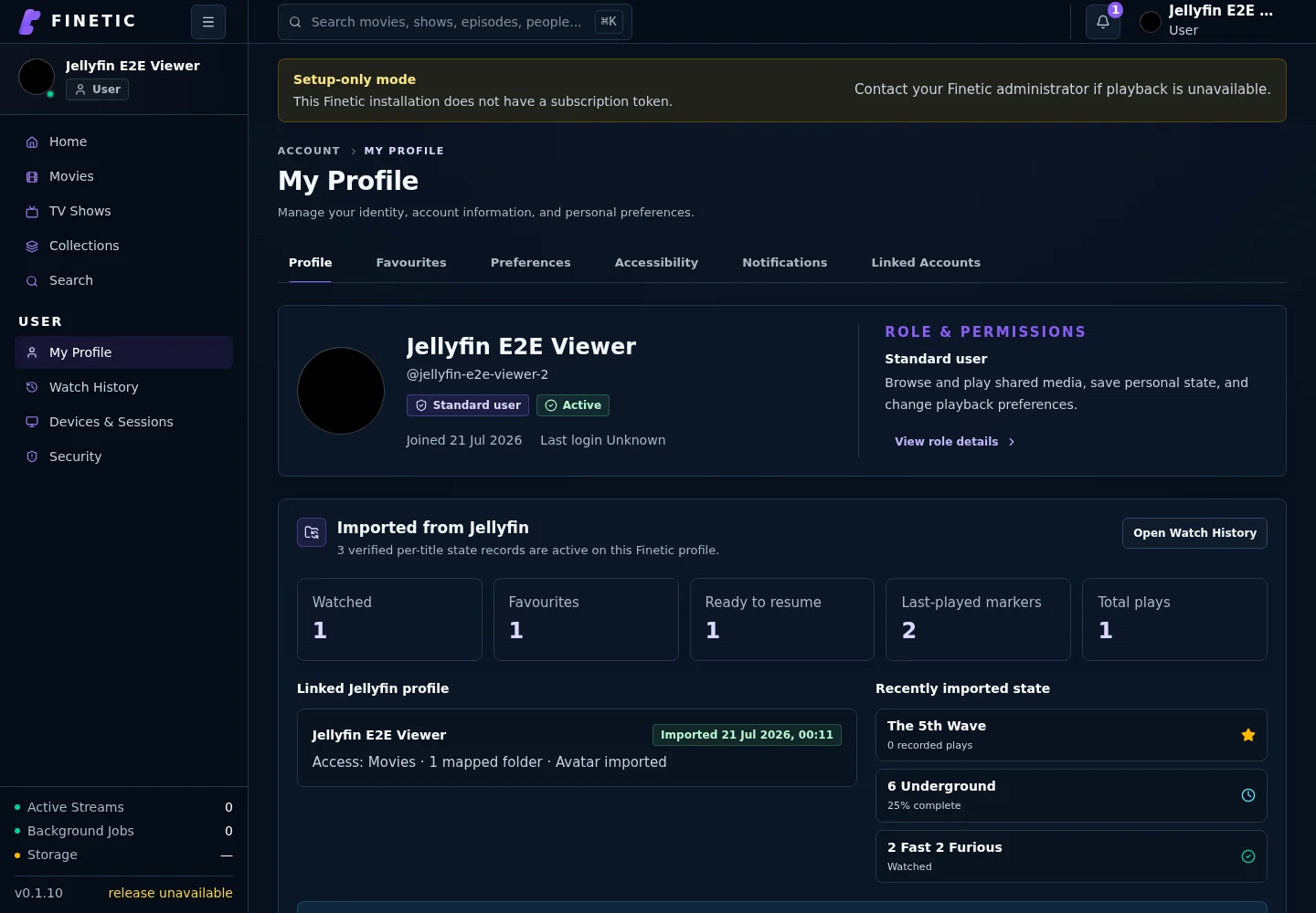 Finetic profile showing three verified state records imported from a Jellyfin test profile