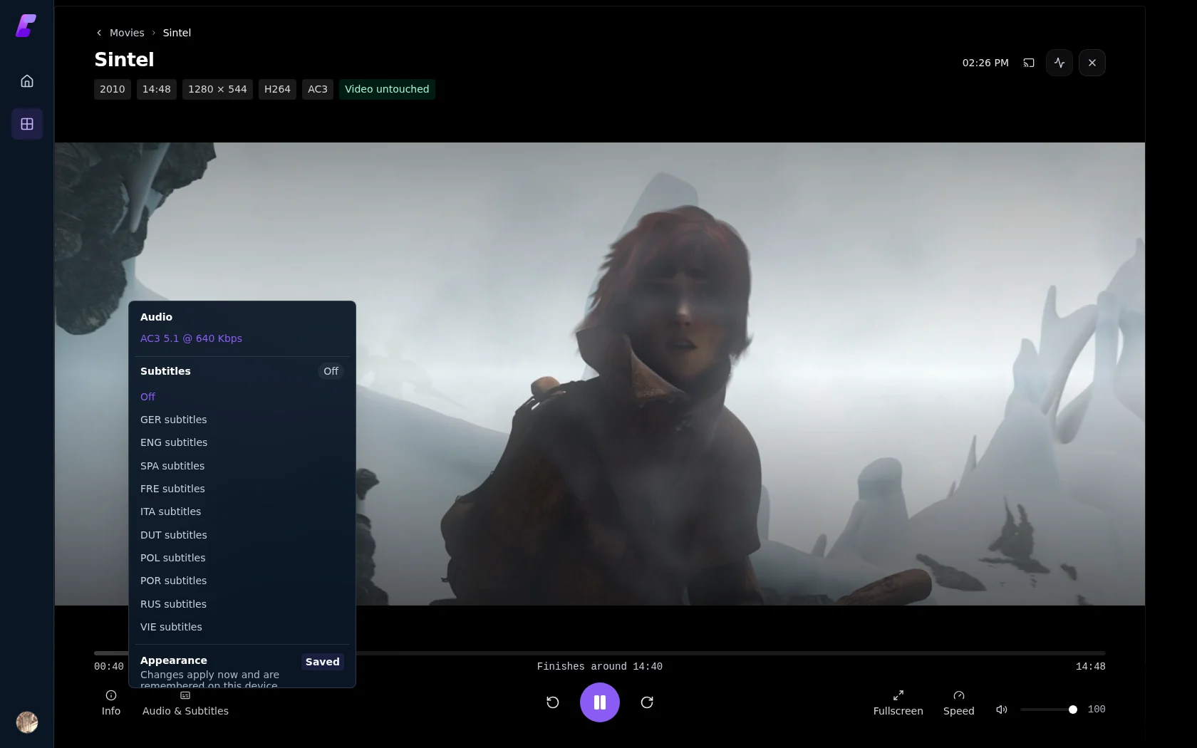 Finetic Direct Engine player showing untouched video and the complete audio and subtitle menu